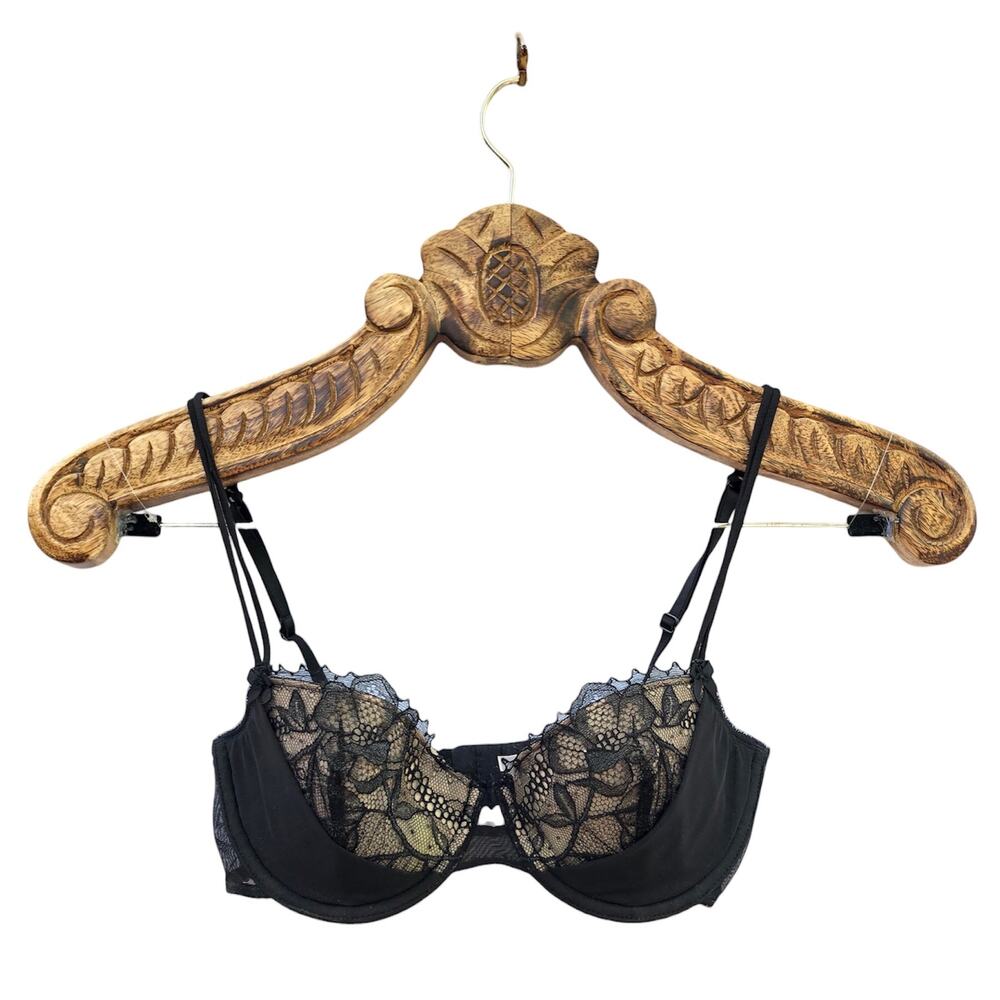 Victoria Secret Vintage Bra Black Lace Balconette 32D